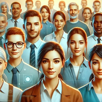 DALL·E 2025-01-29 10.06.07 - A warm and inviting image showing a smaller group of diverse people, all looking directly forward. The people are employees of an industrial company, 