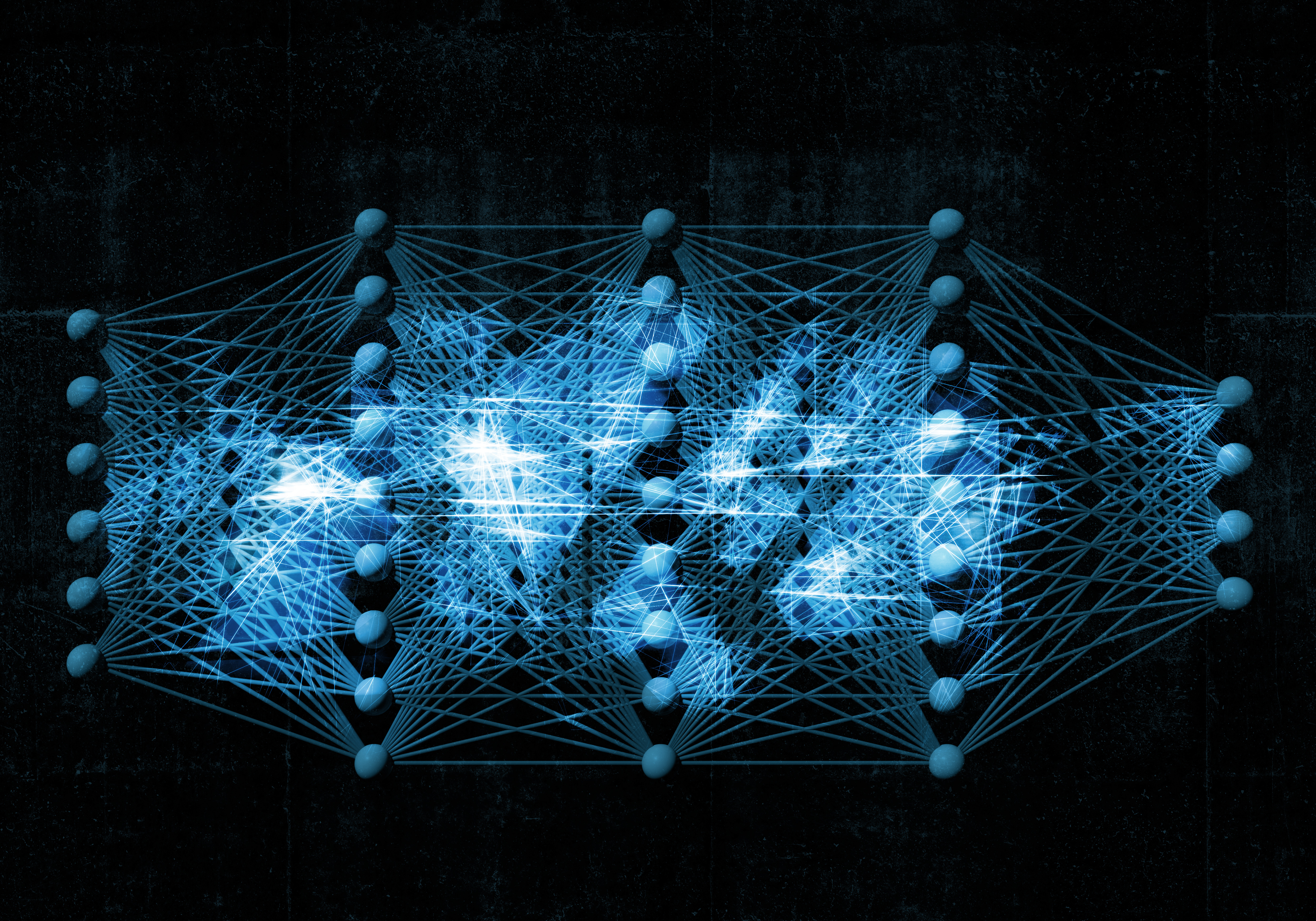 Künstliches tiefes neuronales Netzwerk, digitaler blauer Hintergrund, 3D-Illustration